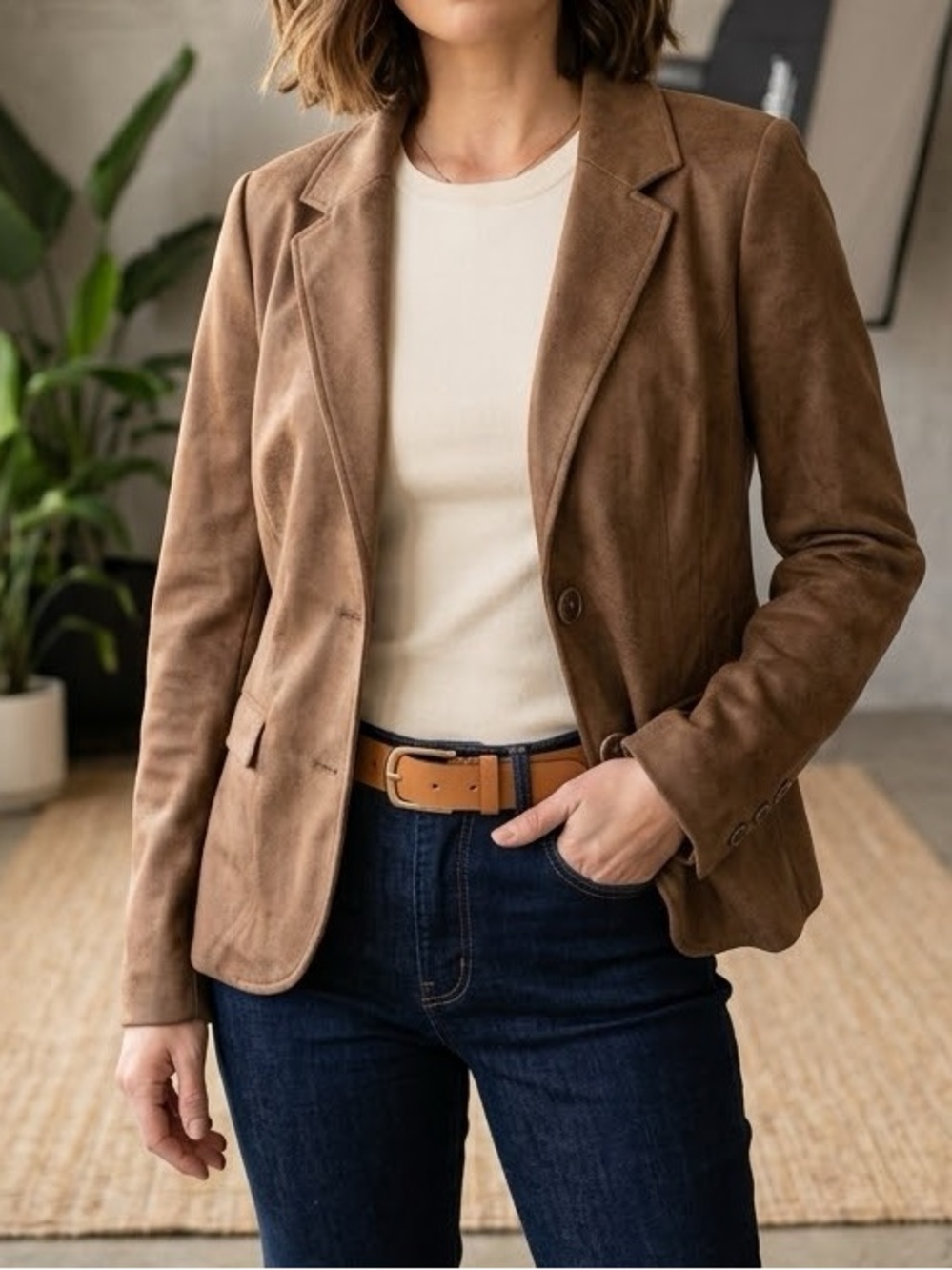 Proportion Petite Conrad C Brown Faux Suede Blazer Jacket Sz 8P